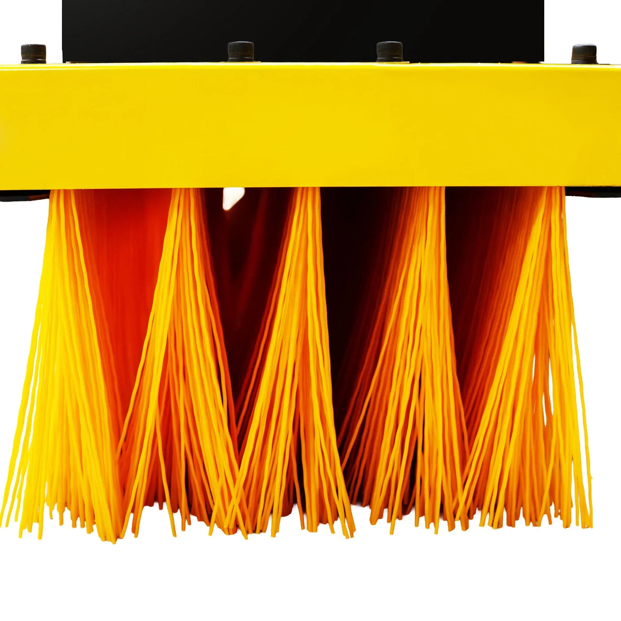 Yellow and orange bristles of a forklift sweeper brush, designed for efficient cleaning, showcasing durable materials and robust construction