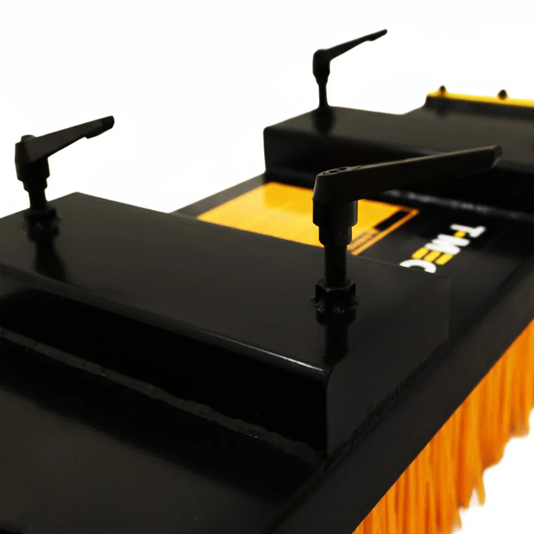 Heavy-duty forklift sweeper brush with durable yellow bristles, black metal frame, and adjustable nozzles for efficient cleaning