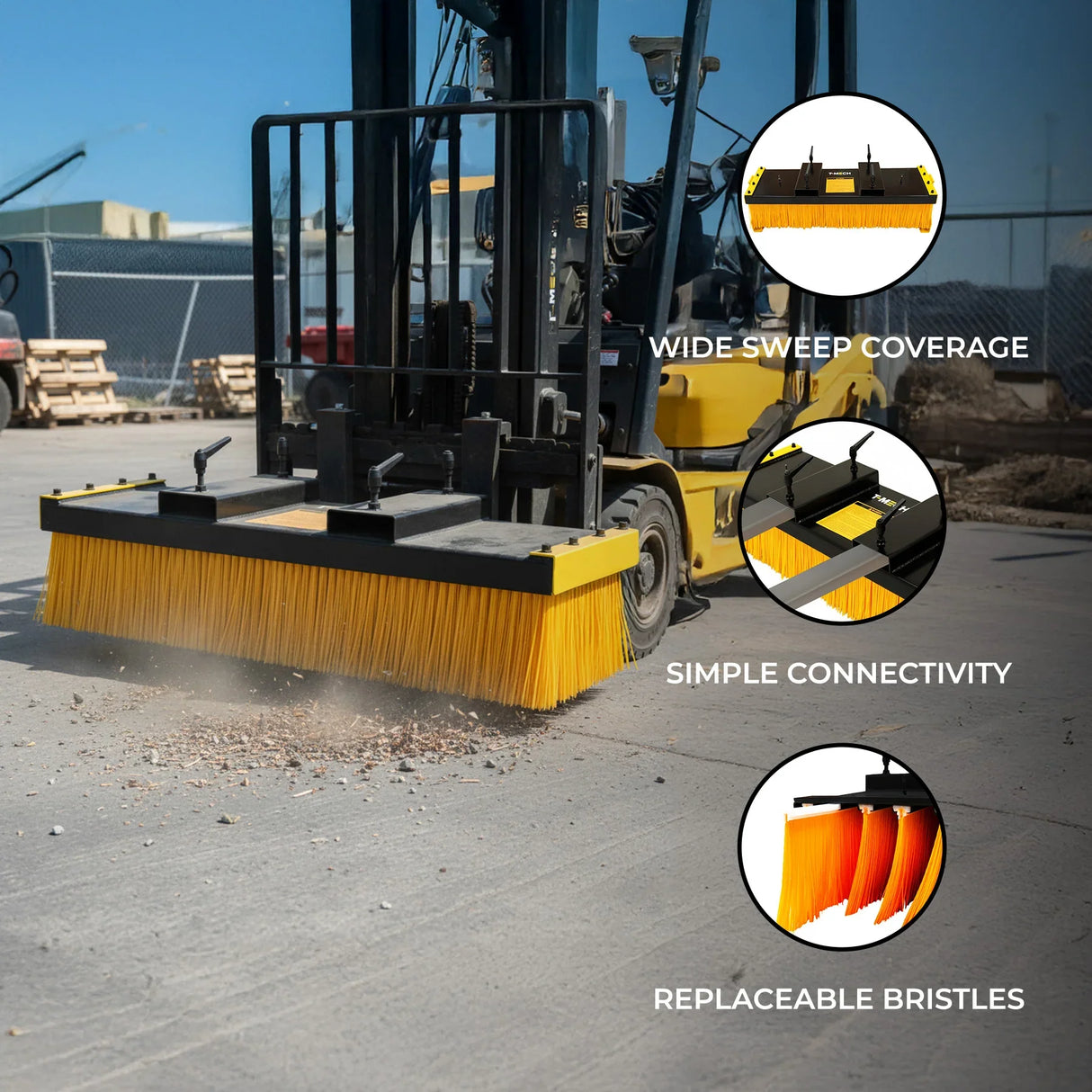 Forklift sweeper brush with bright yellow bristles, designed for wide coverage and easy attachment to forklifts, ideal for efficient cleaning