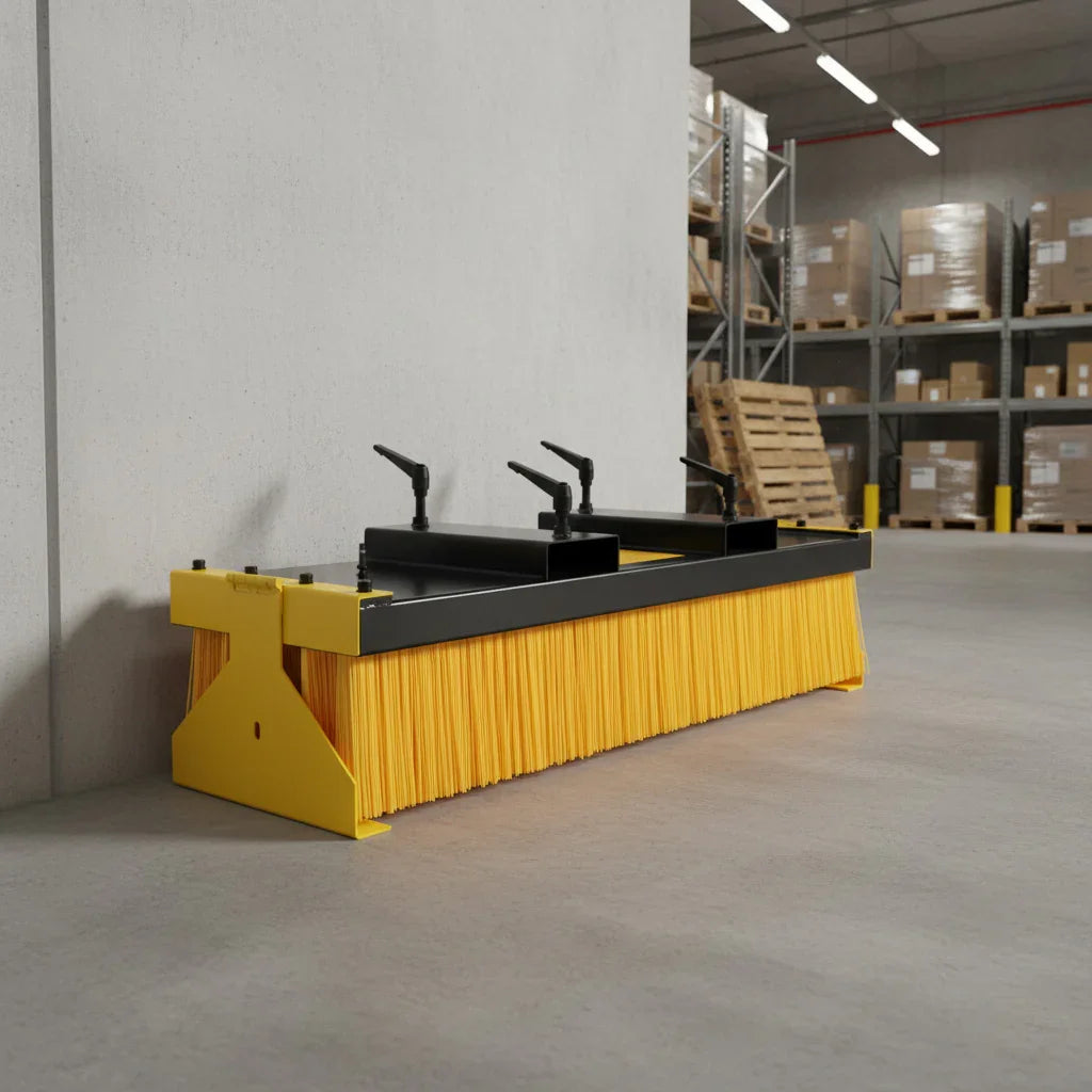 Forklift sweeper brush with yellow bristles and sturdy black stands, positioned against a warehouse wall with pallets in the background