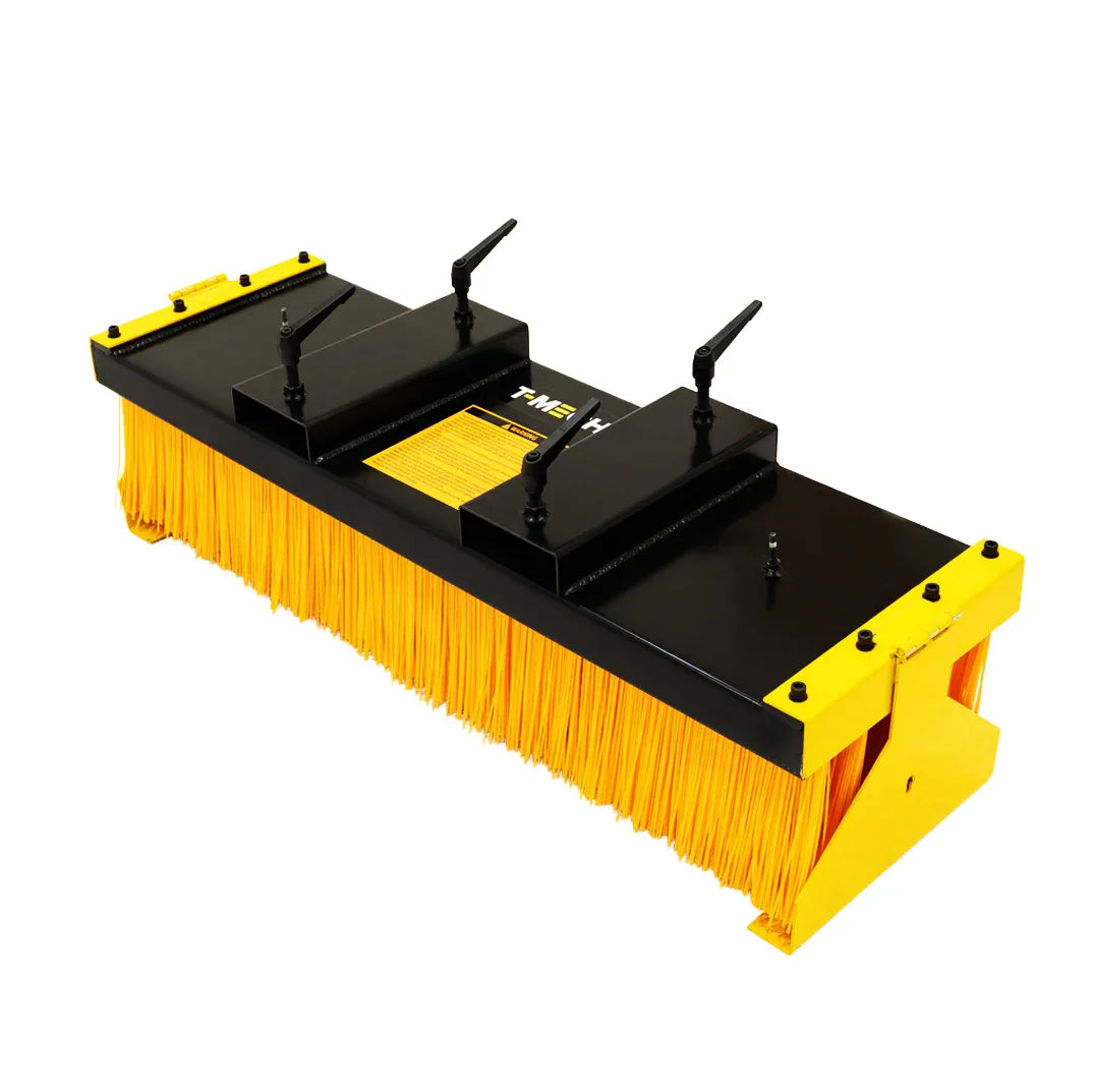 Forklift sweeper brush with bright yellow bristles, sturdy black frame, and adjustable stands for efficient cleaning on various surfaces
