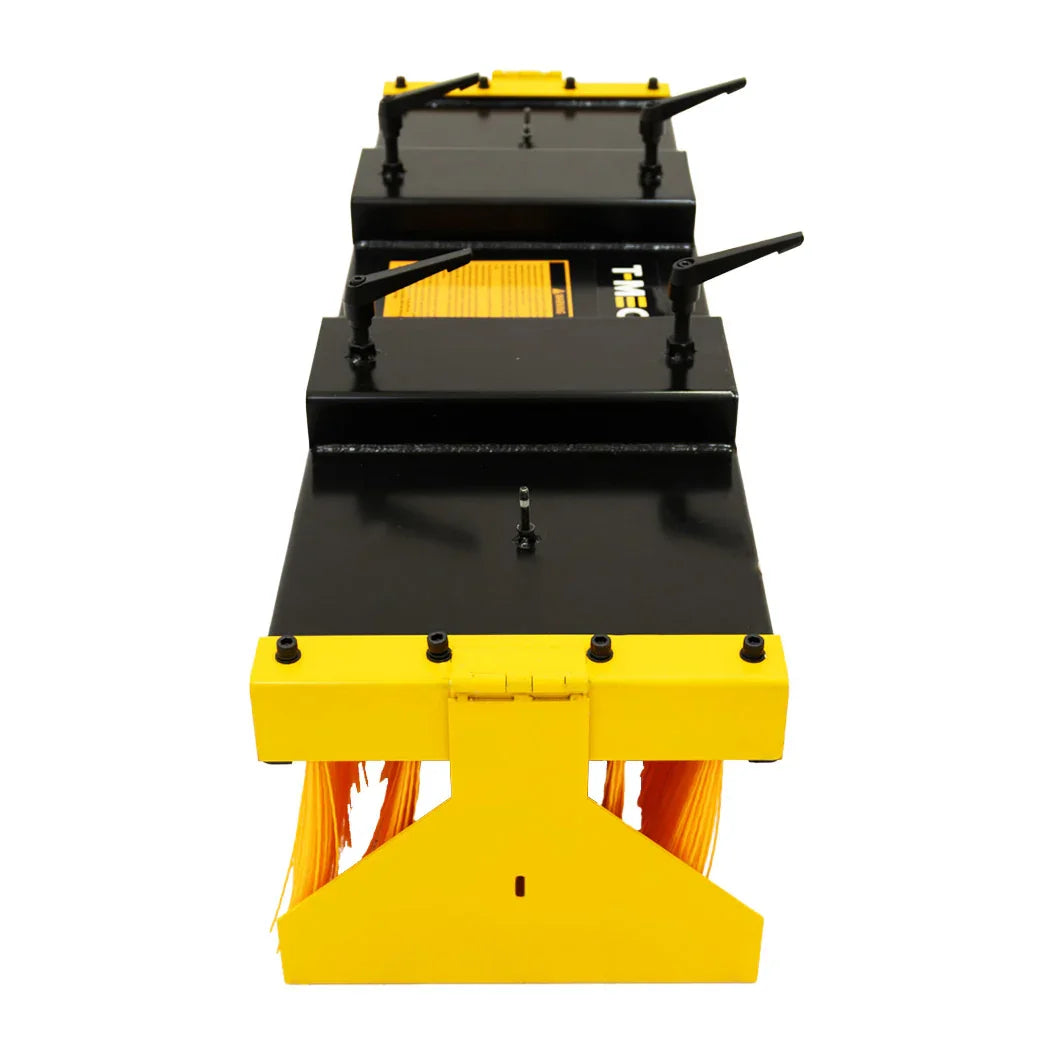 Forklift sweeper brush with sturdy yellow bristles, black mounting frame, and adjustable stands for efficient cleaning on various surfaces