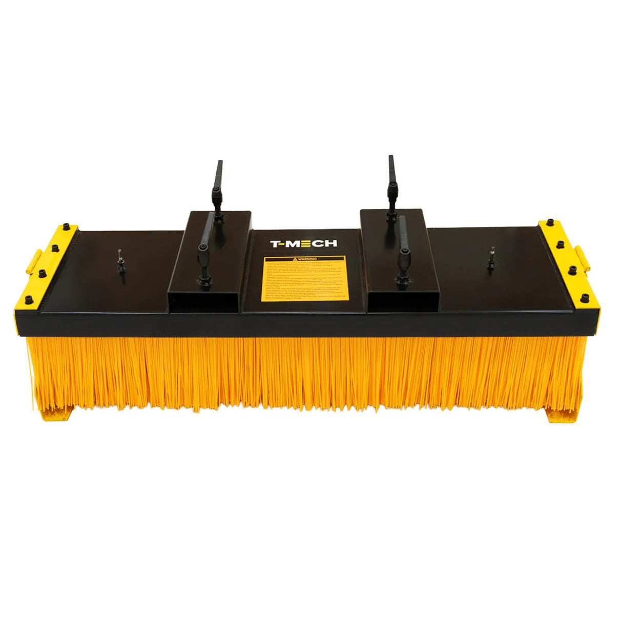 Forklift sweeper brush with sturdy black frame and bright yellow bristles, designed for efficient debris cleaning and easy attachment