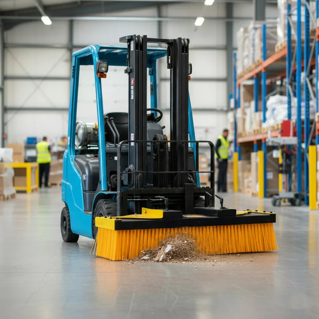 Forklift sweeper brush with sturdy stands, featuring bright orange bristles, efficiently cleaning debris in a warehouse setting