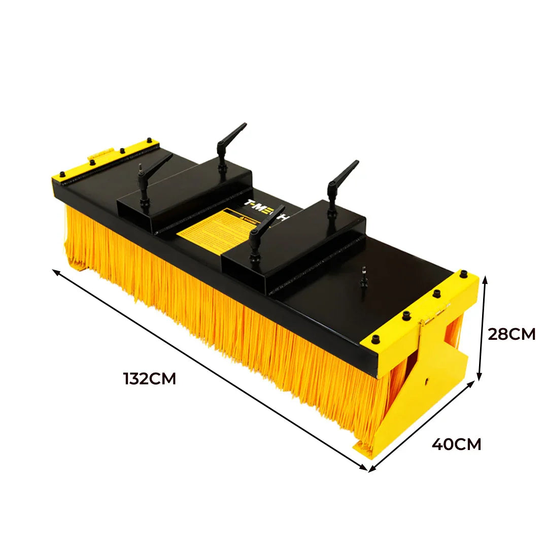 Forklift sweeper brush with yellow bristles, sturdy black frame, dimensions 132cm x 40cm x 28cm, designed for efficient cleaning