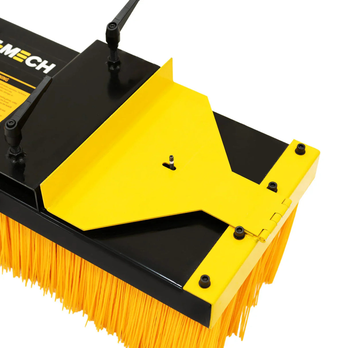 Forklift sweeper brush with sturdy yellow bristles, black metal frame, and adjustable stands for efficient cleaning on various surfaces