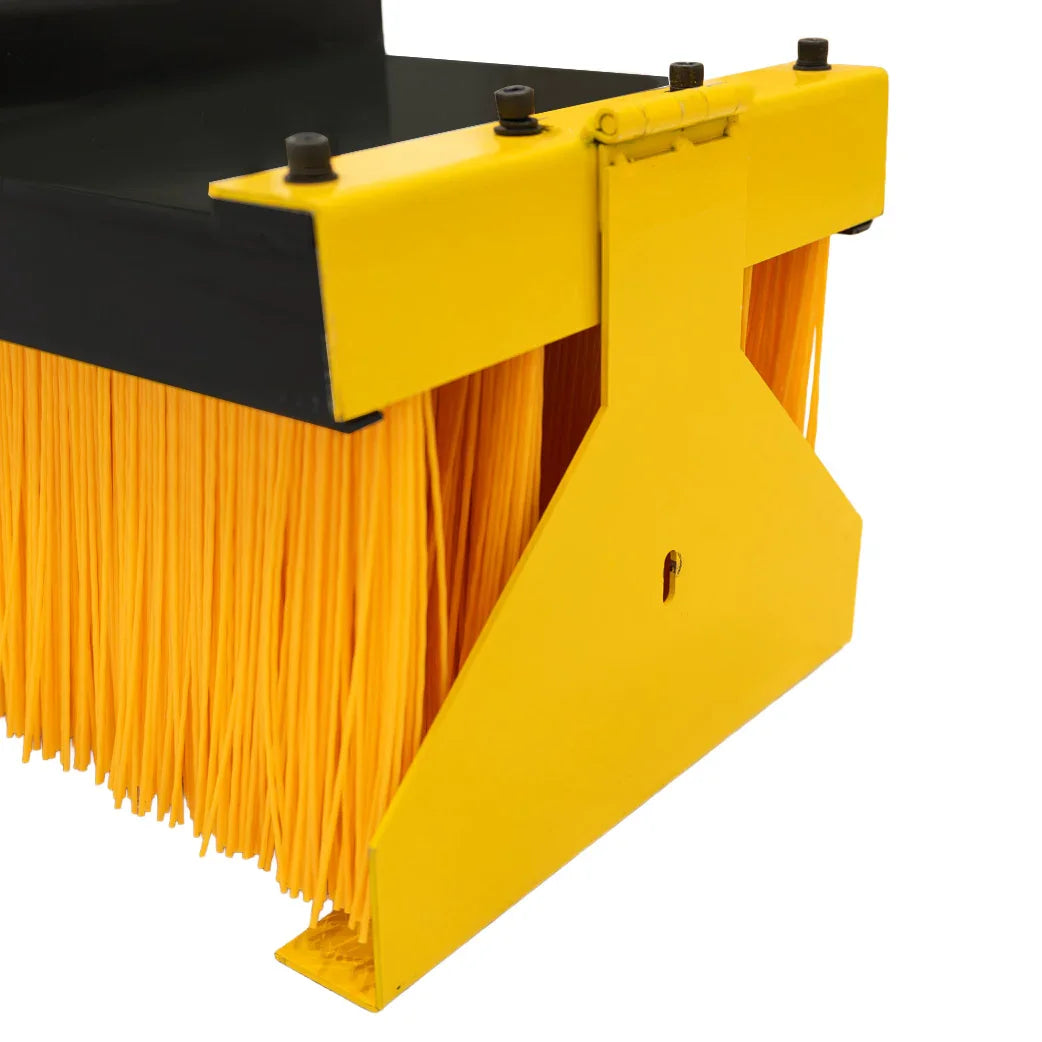 Yellow bristle sweeper brush with sturdy black mounting, designed for forklifts, featuring durable bristles for effective cleaning
