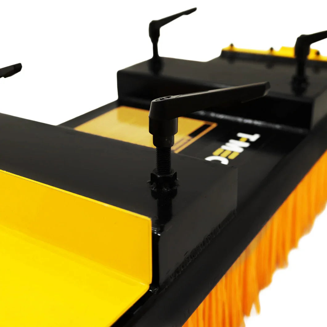 Forklift sweeper brush with yellow bristles, black metal frame, and adjustable stands for efficient cleaning on various surfaces