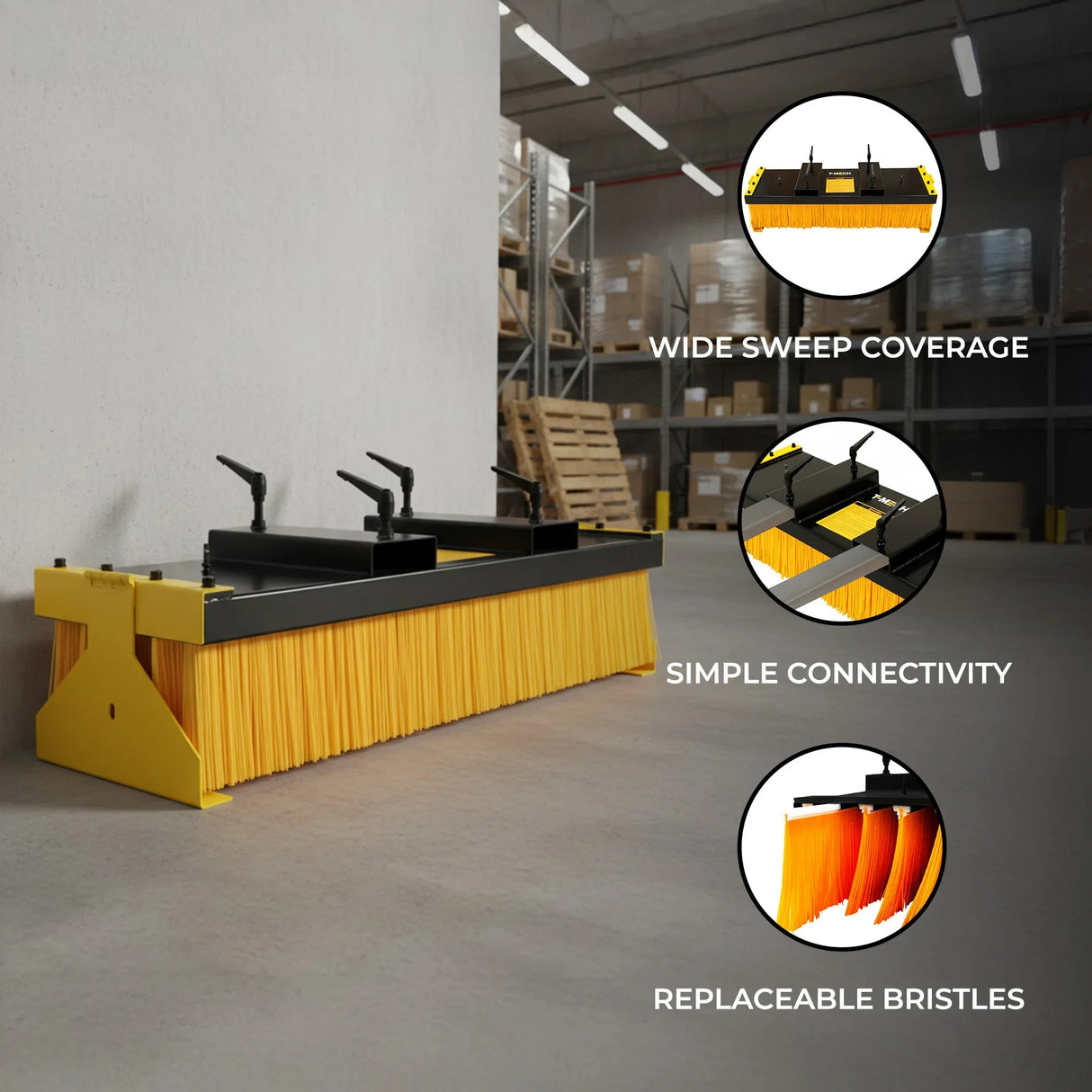 Forklift sweeper brush with yellow bristles and sturdy black frame, designed for wide coverage and easy attachment in warehouses