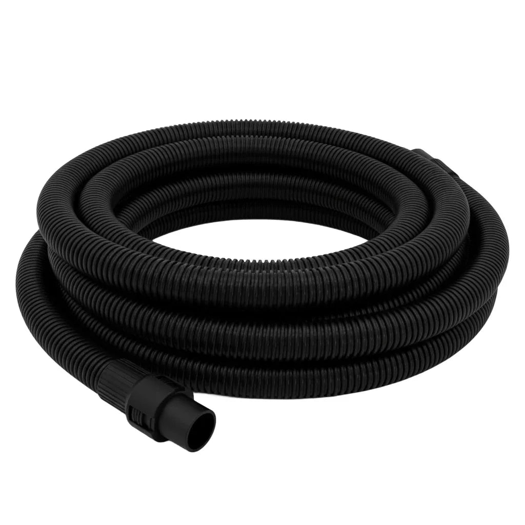 Flexible 5m black vacuum hose with a ribbed texture and sturdy connectors, designed for efficient cleaning and easy maneuverability