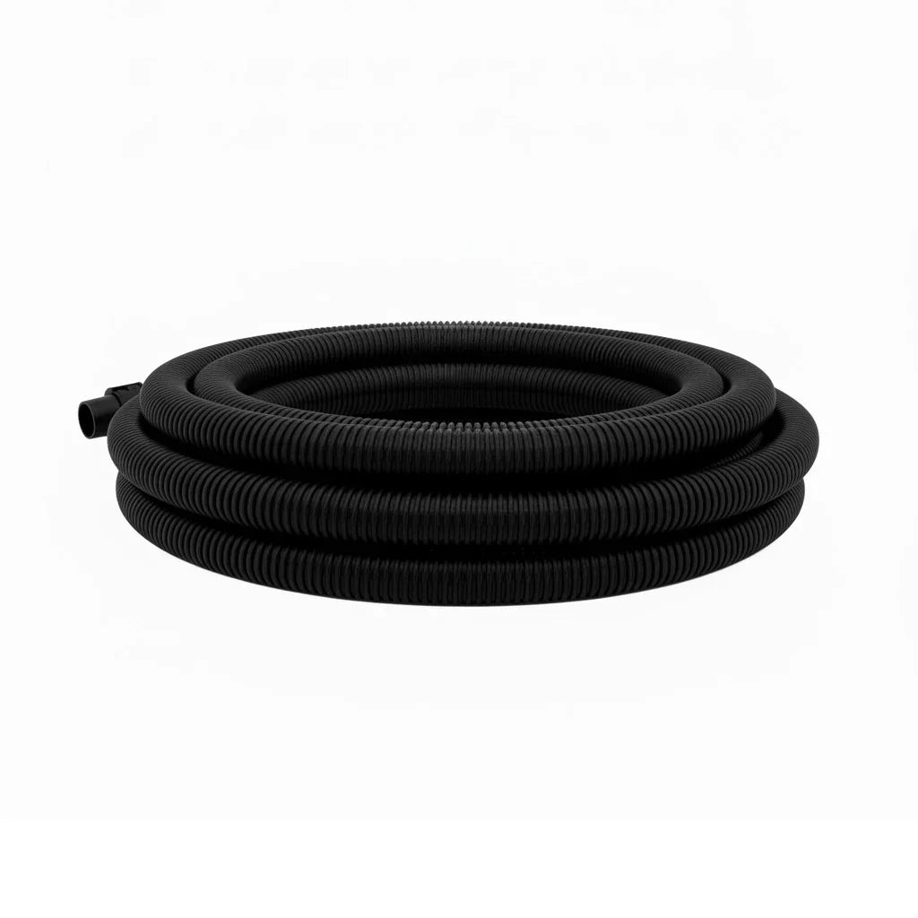 Flexible 5m black vacuum hose with a ribbed texture, coiled neatly, designed for efficient cleaning and easy maneuverability