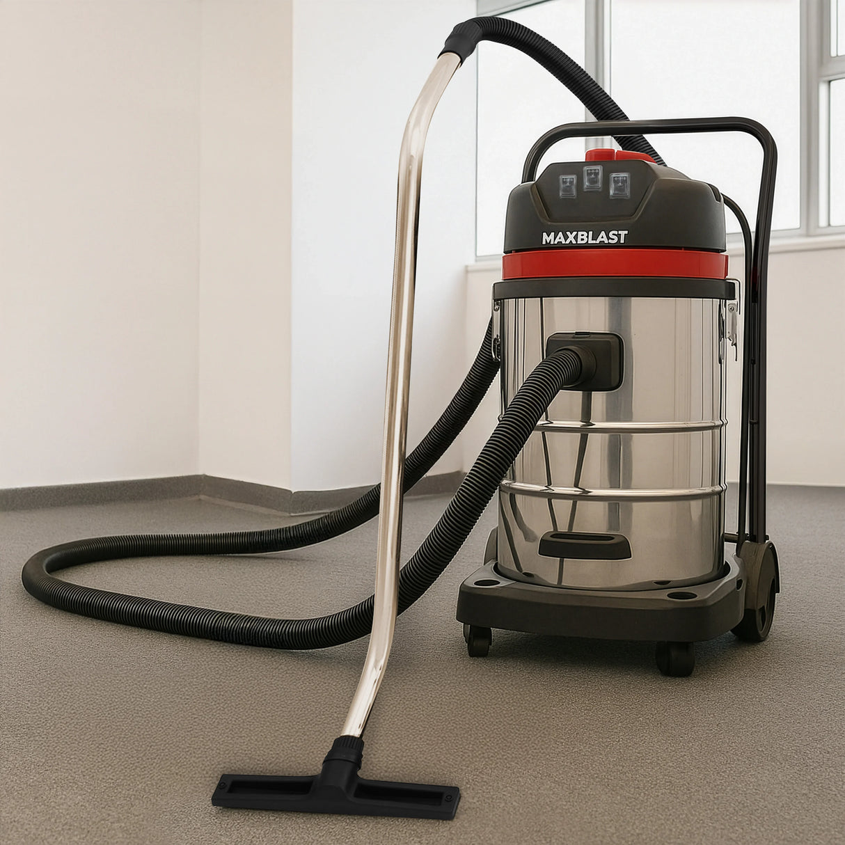 Flexible 5m vacuum hose in black, designed for compatibility with MAXBLAST vacuum, showcasing durable material and smooth texture