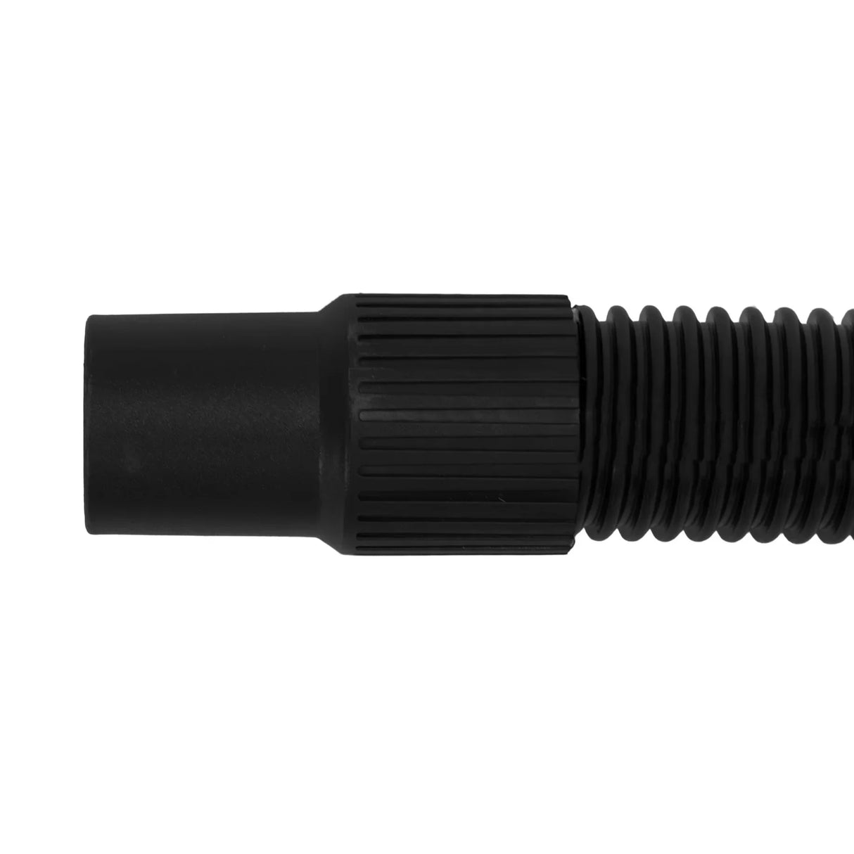 Flexible 5m black vacuum hose with ribbed texture and a smooth, tapered end for easy attachment to vacuum cleaners