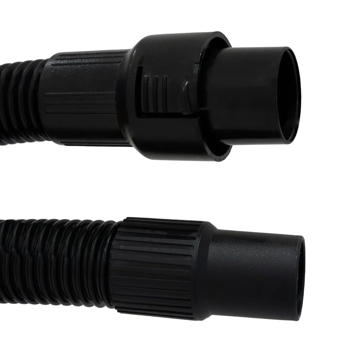 Flexible 5m black vacuum hose with ribbed texture, featuring smooth connectors at both ends for easy attachment to vacuum cleaners