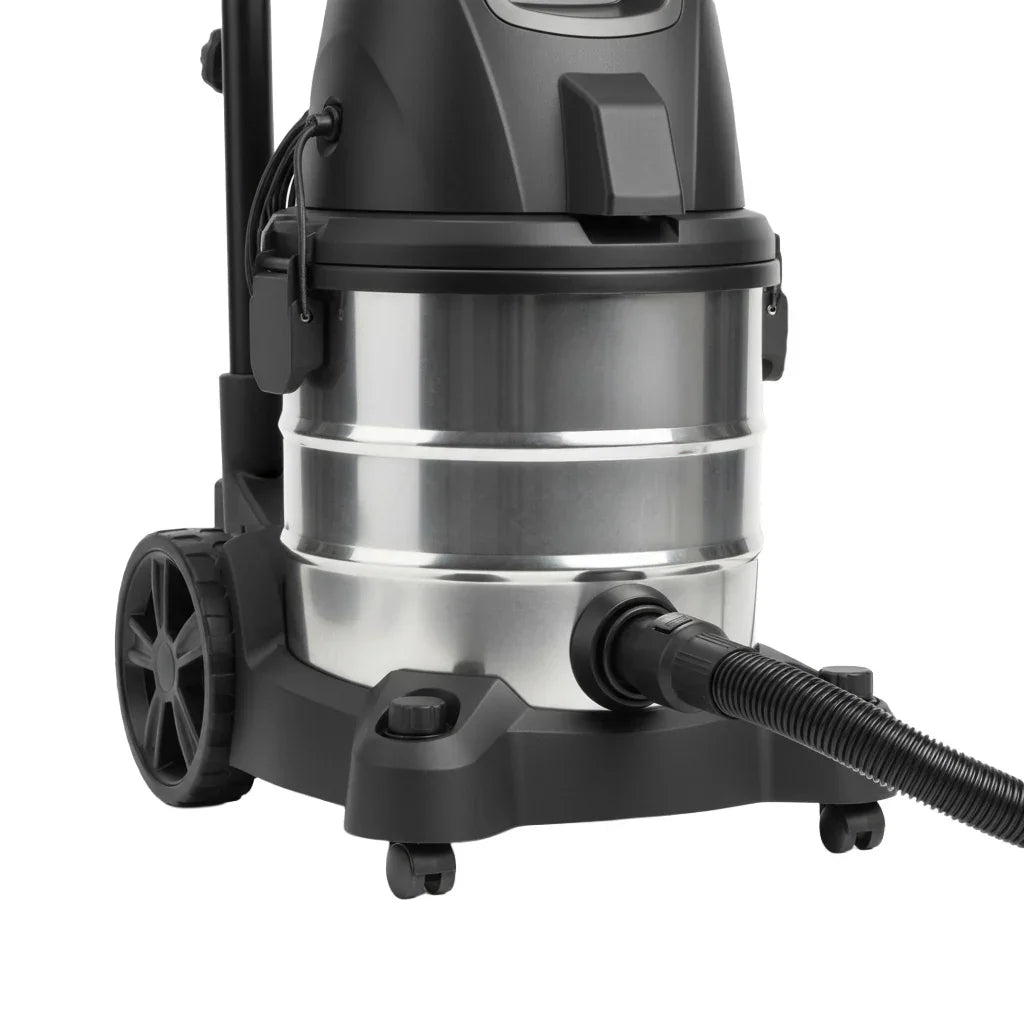 5m vacuum hose attached to a sleek, black and silver vacuum cleaner with durable wheels and a sturdy design for easy maneuverability