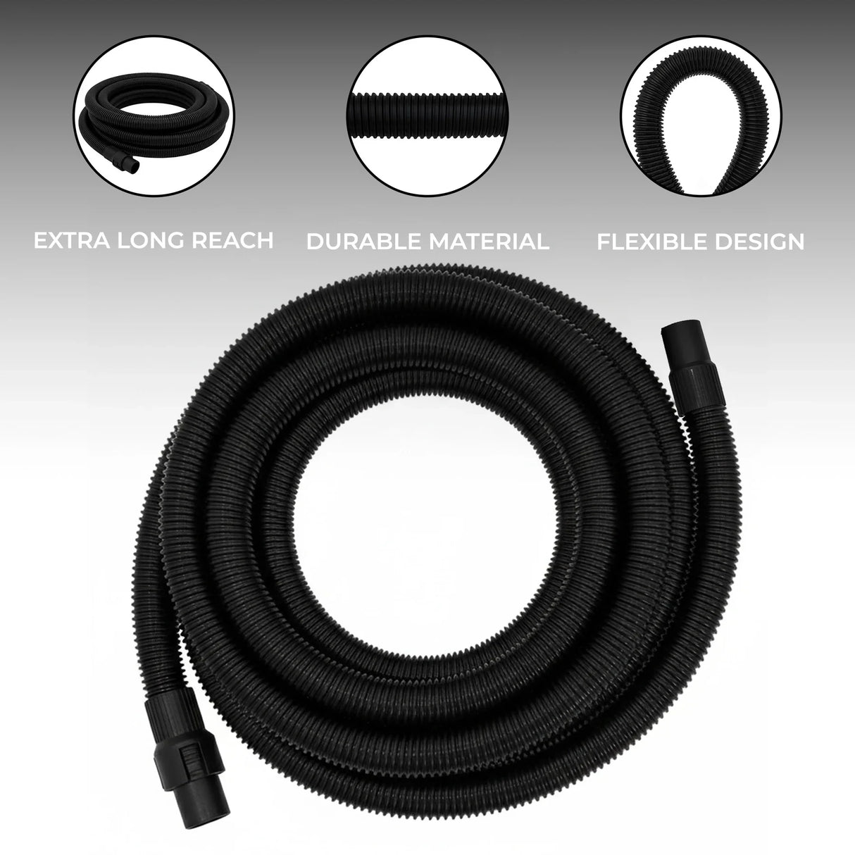 Flexible 5m vacuum hose in black, featuring a ribbed texture for durability and easy maneuverability, ideal for cleaning tasks