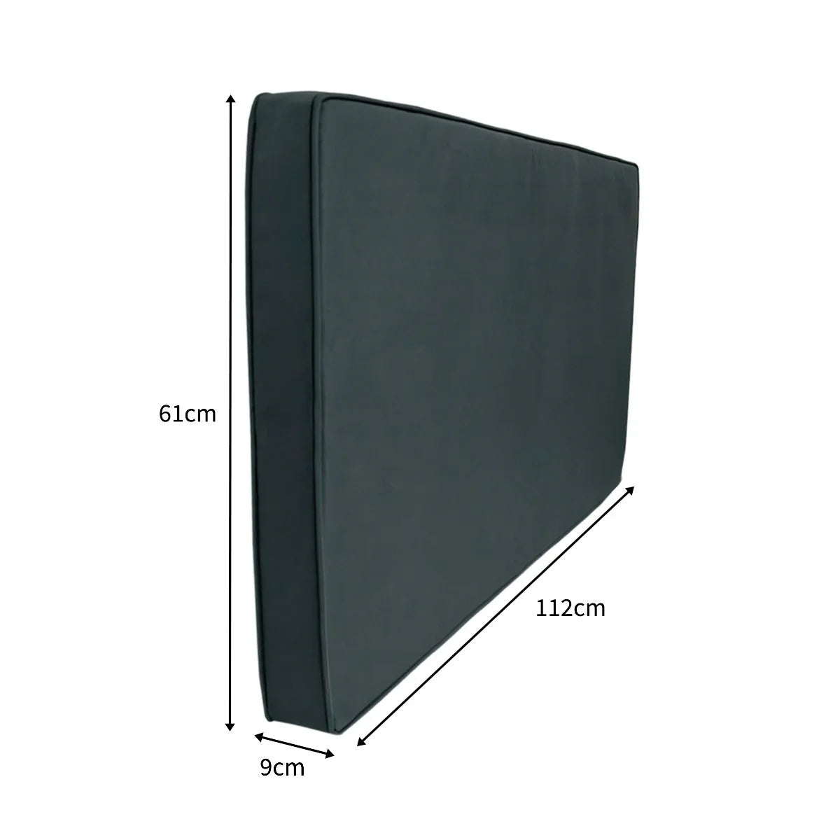 Dark gray rattan corner set cushions with a smooth texture, measuring 112cm by 61cm, designed for comfort and style
