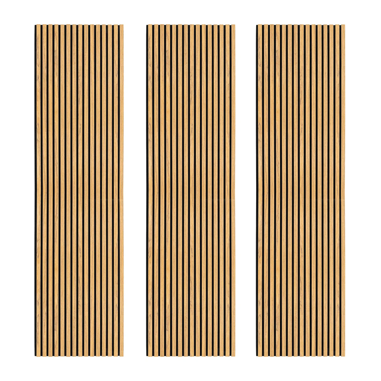 Acoustic slat wall panels in oak, featuring vertical grooves for sound absorption, enhancing aesthetics and acoustics in any space