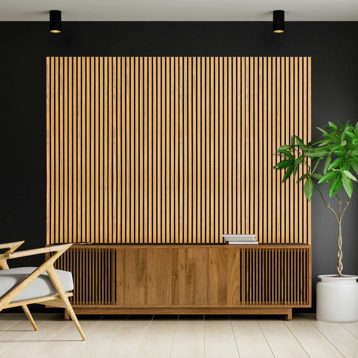 Acoustic slat wall panels in oak, featuring vertical slats, enhancing sound absorption, mounted above a wooden media console in a modern setting