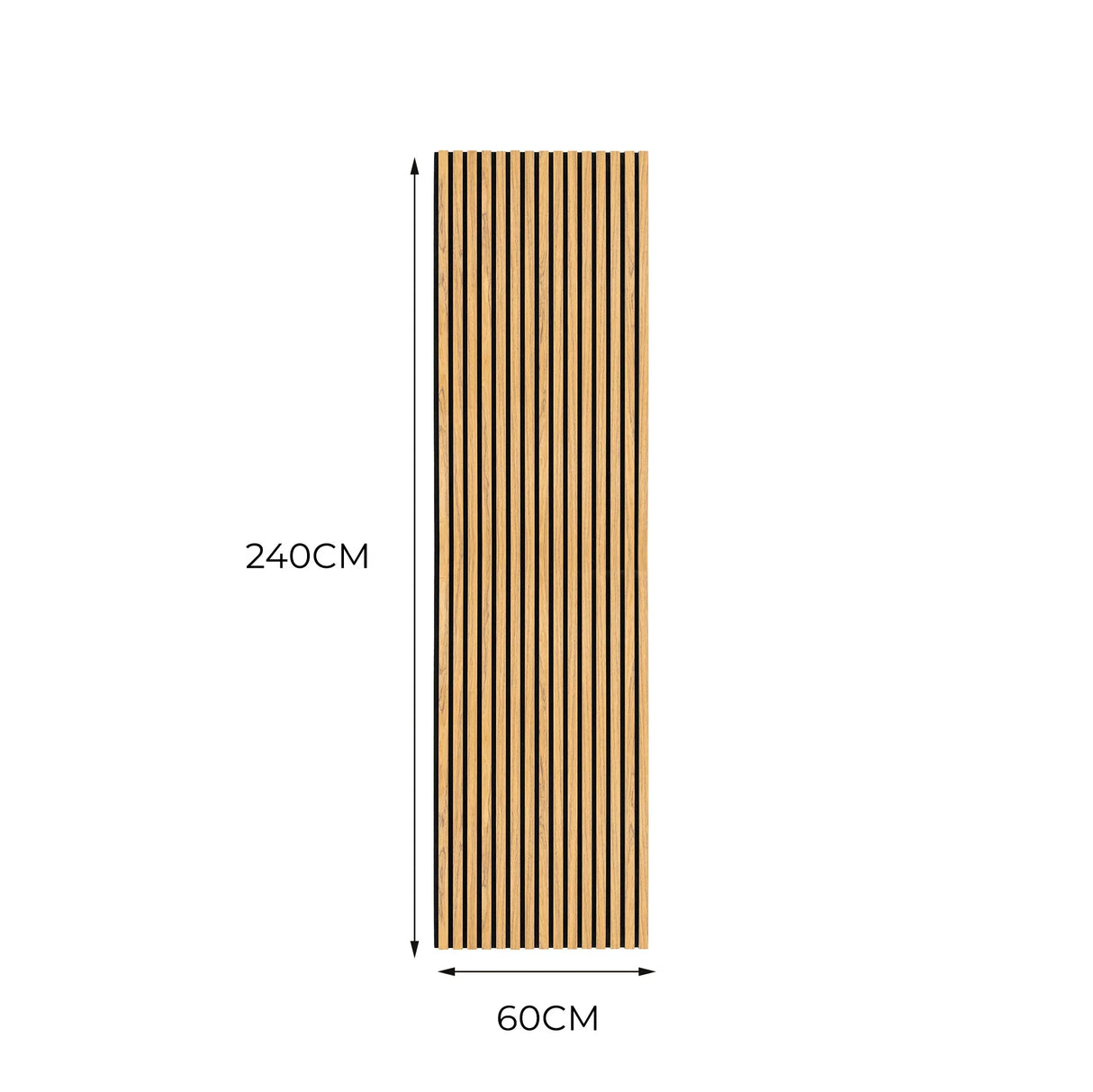 Acoustic slat wall panel in oak, featuring vertical grooves, dimensions 240cm x 60cm, ideal for sound absorption and aesthetic appeal