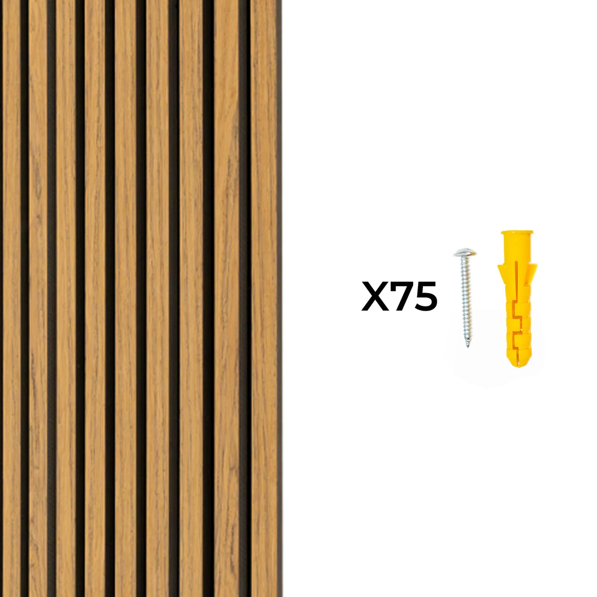 Acoustic slat wall panels in oak finish, showcasing vertical slats with a warm wood grain texture, includes 75 screws and anchors