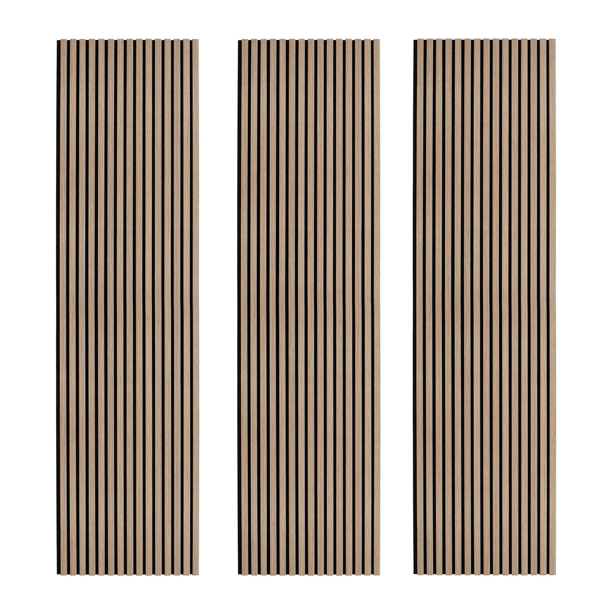 Light walnut acoustic slat wall panels set of three, featuring vertical grooves and a smooth, textured finish for sound absorption