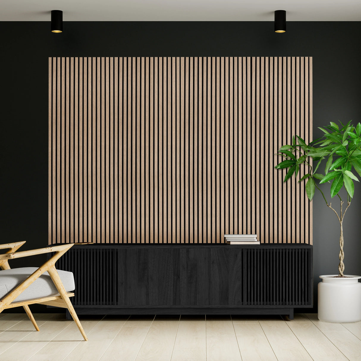 Acoustic slat wall panels in light walnut finish, featuring vertical slats, enhancing sound absorption in a modern interior setting