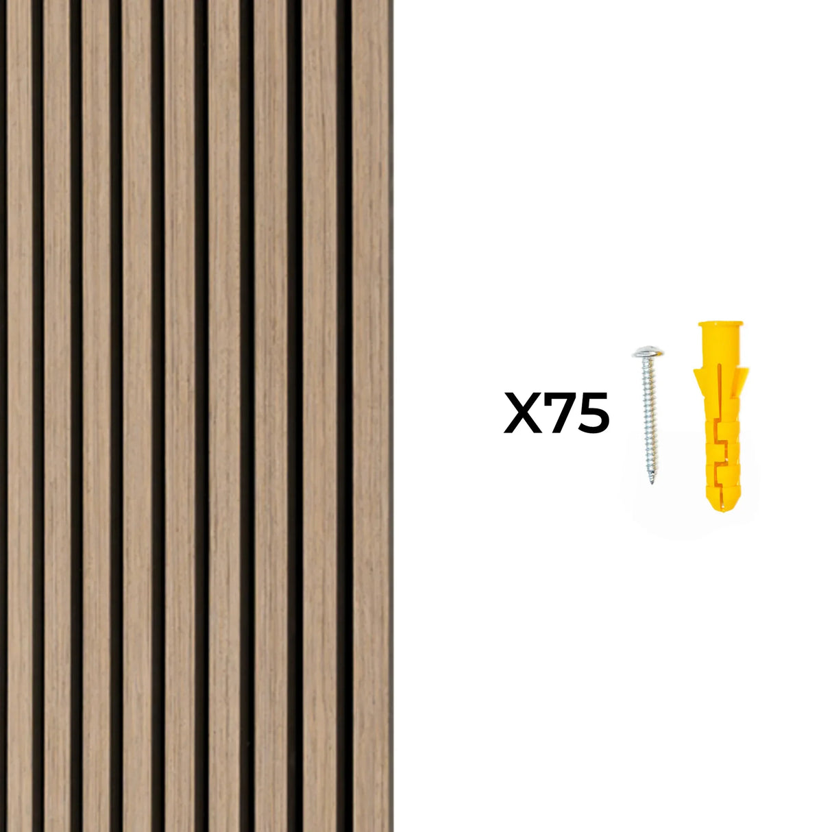 Light walnut acoustic slat wall panels featuring a smooth texture, vertical slats, and included screws and anchors for installation