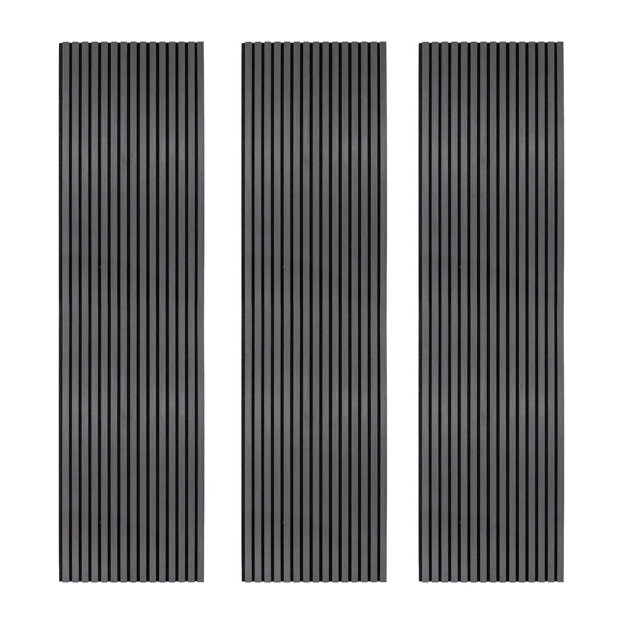Acoustic slat wall panels in anthracite grey, featuring a sleek vertical slat design with a textured finish, ideal for sound absorption