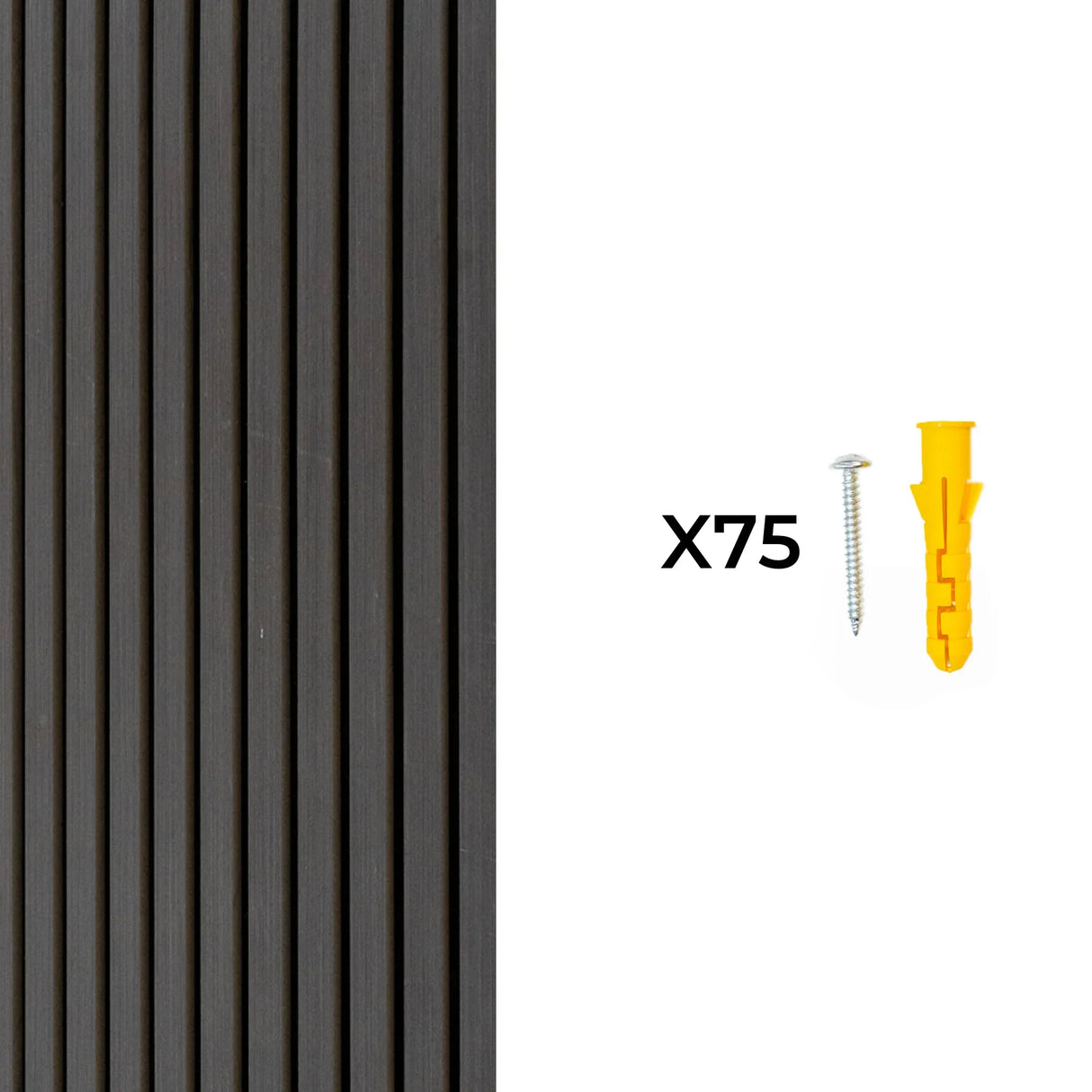 Acoustic slat wall panels in anthracite grey, featuring a sleek vertical design, with included screws and anchors for easy installation