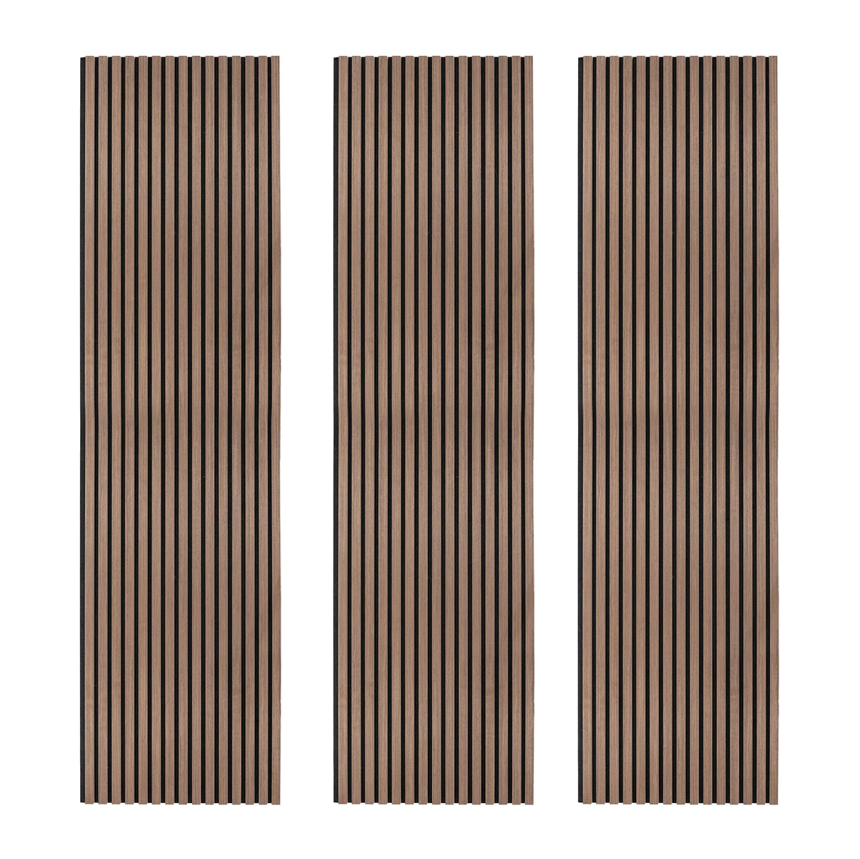 Acoustic slat wall panels in dark walnut, featuring vertical grooves for sound absorption and a sleek, modern design