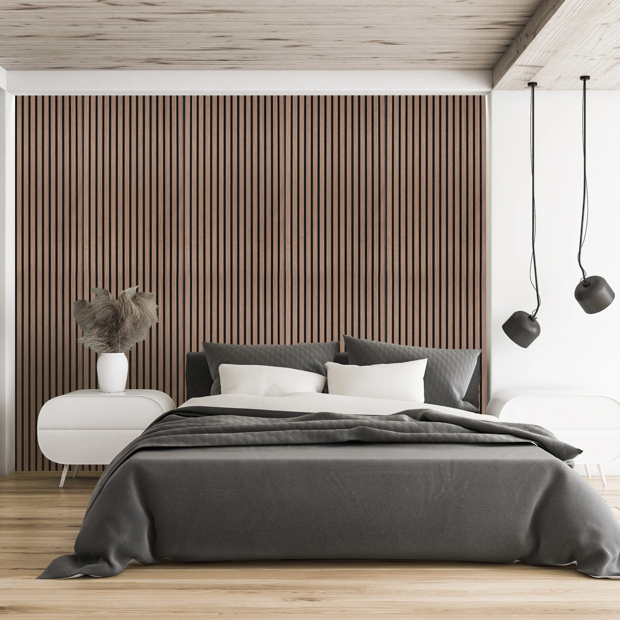 Acoustic slat wall panels in dark walnut enhance a modern bedroom, featuring vertical slats and a warm, rich wood texture