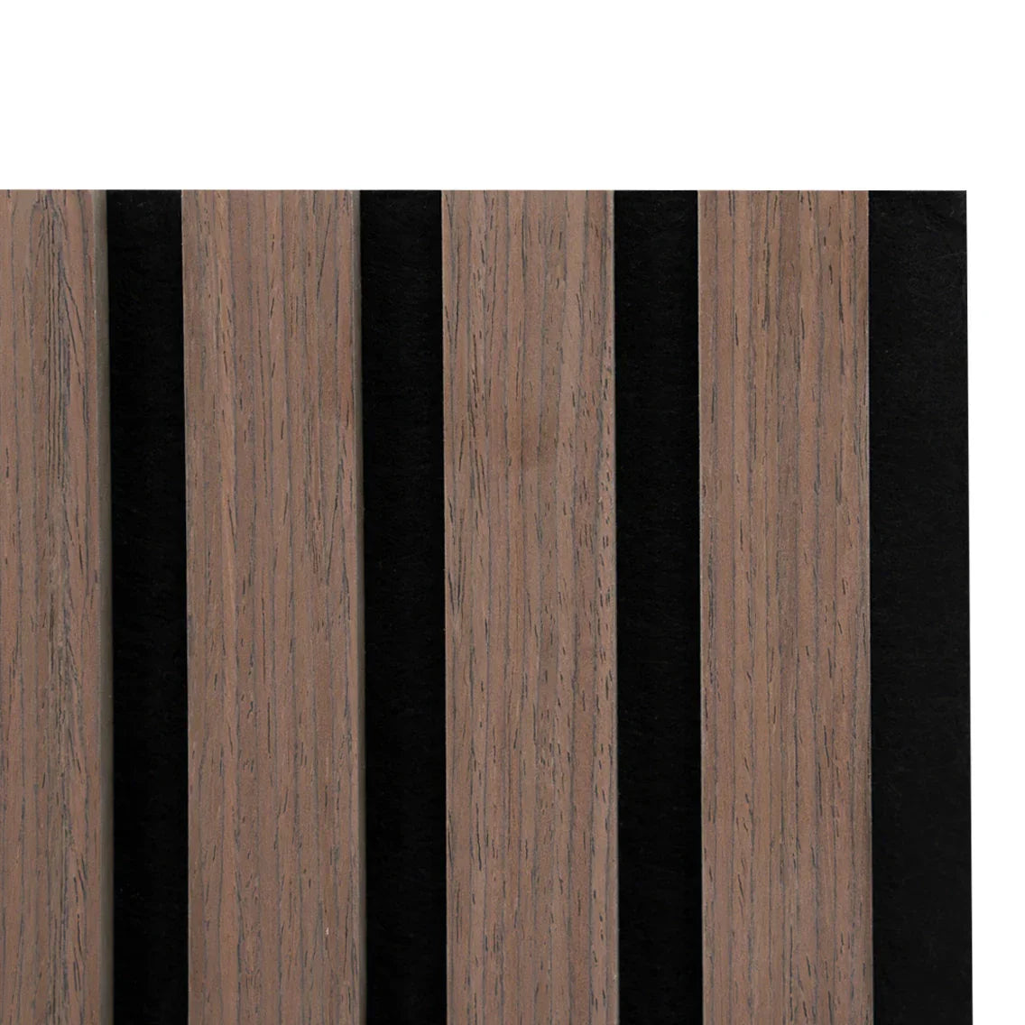 Acoustic slat wall panels in dark walnut finish, featuring smooth wood grain texture and contrasting black backing for sound absorption