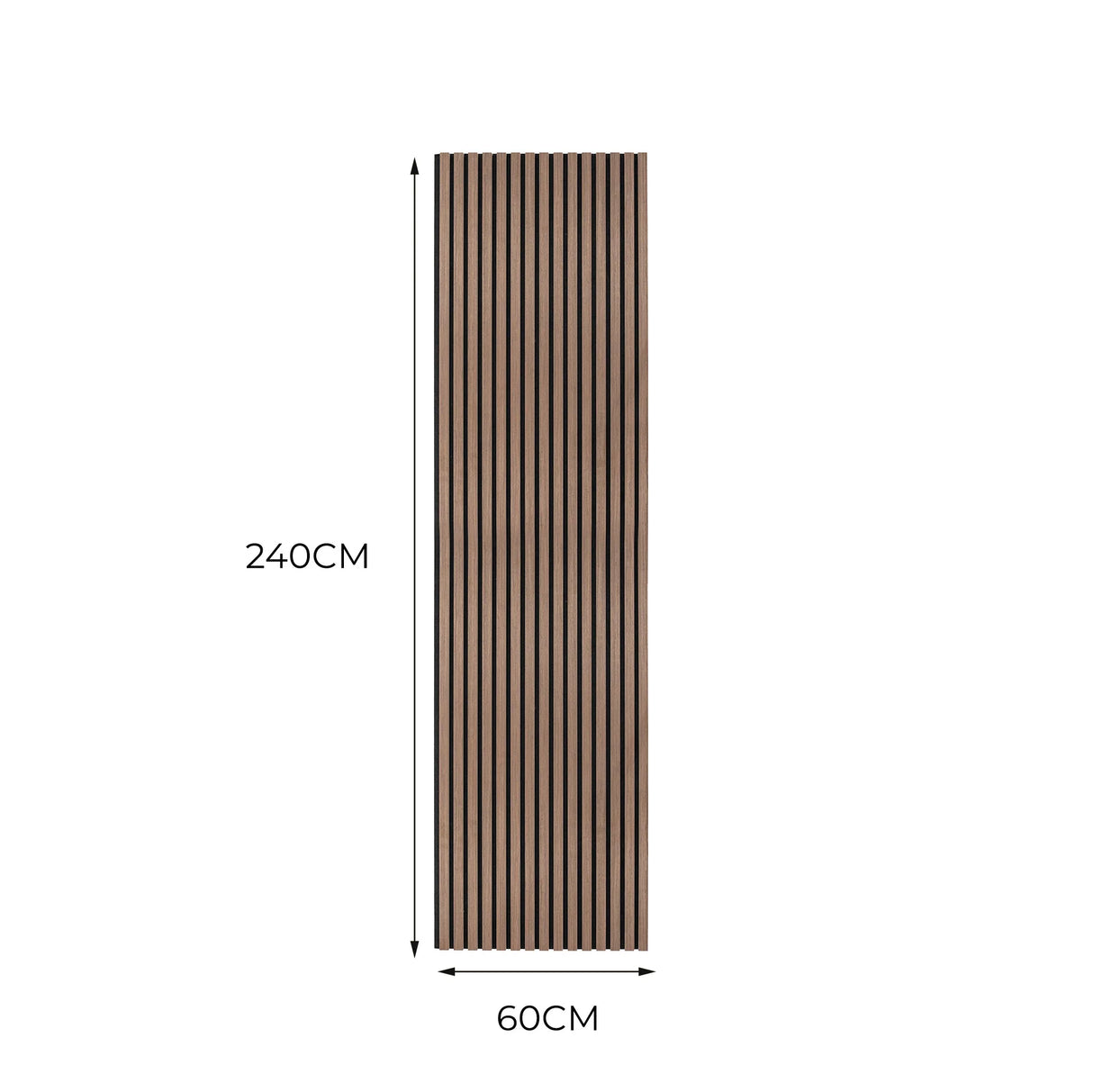 Acoustic slat wall panels in dark walnut, featuring vertical grooves, measuring 240cm by 60cm, ideal for sound absorption and decor