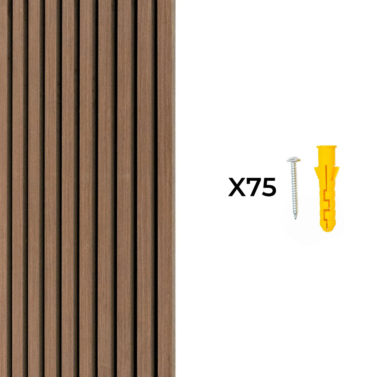Acoustic slat wall panels in dark walnut finish, featuring vertical slats, accompanied by screws and anchors for installation