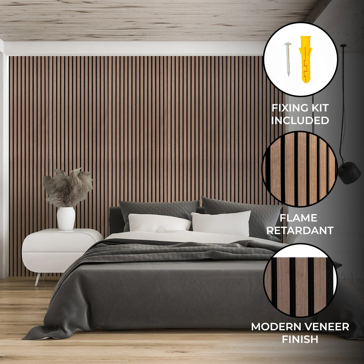 Acoustic slat wall panels in dark walnut, featuring a sleek modern veneer finish, enhancing sound absorption and style in a cozy bedroom setting