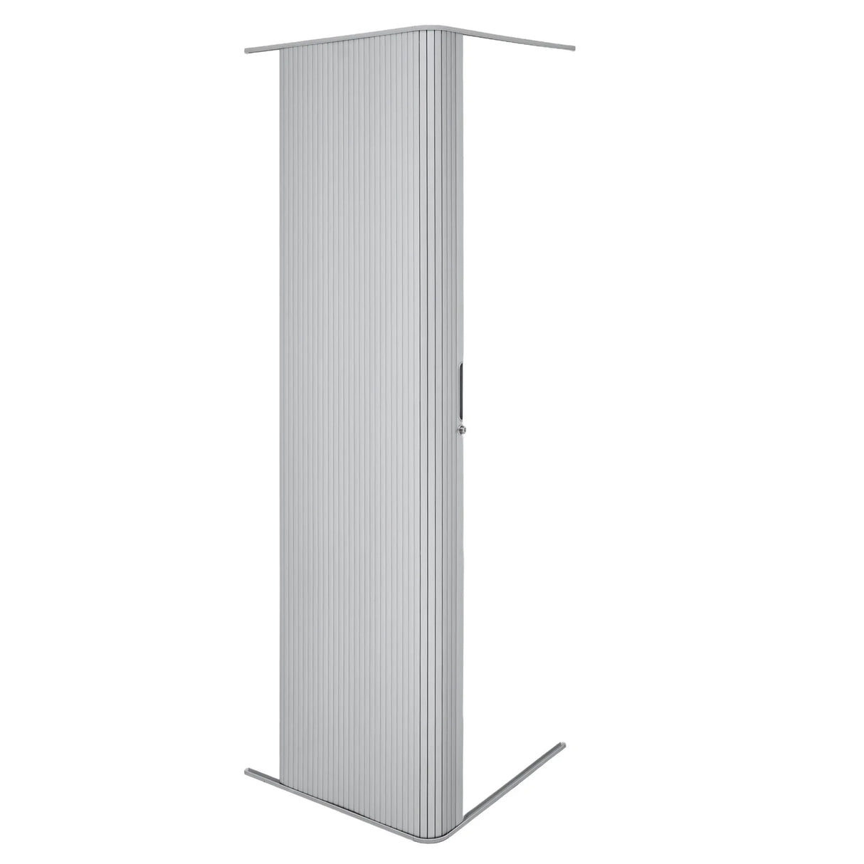 Sleek silver tambour shower door with vertical ribbed texture, modern design, and a minimalist handle for easy access