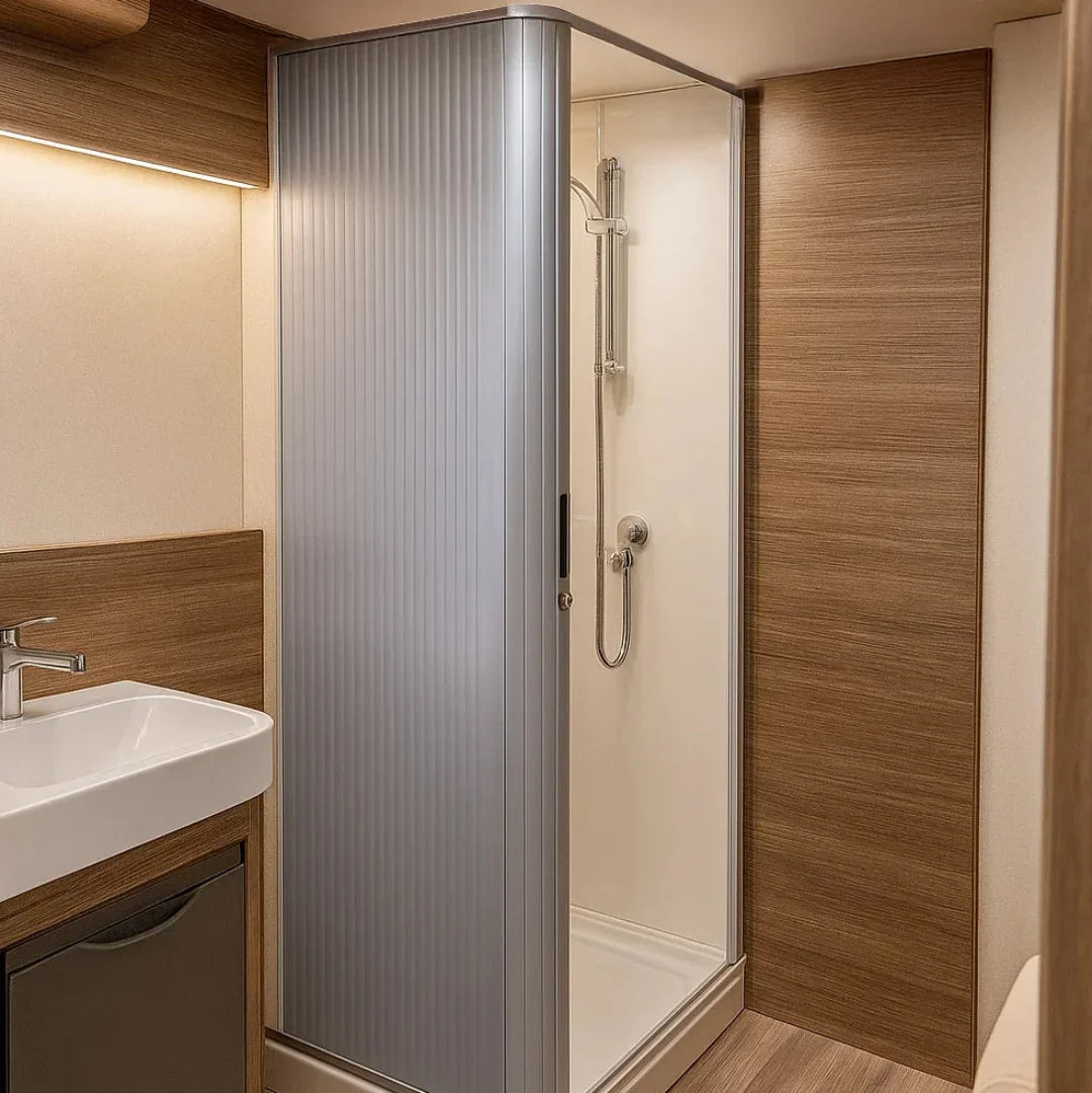 Silver Tambour shower door with vertical grooves, sleek design, and modern finish, set in a stylish bathroom with wood accents