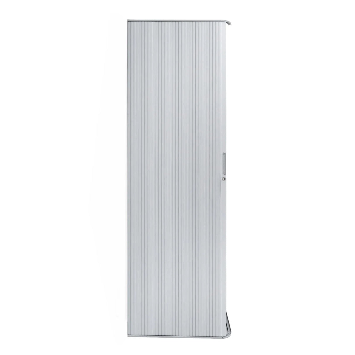 Silver Tambour shower door featuring a sleek, vertical ribbed design, crafted from durable materials for a modern bathroom aesthetic
