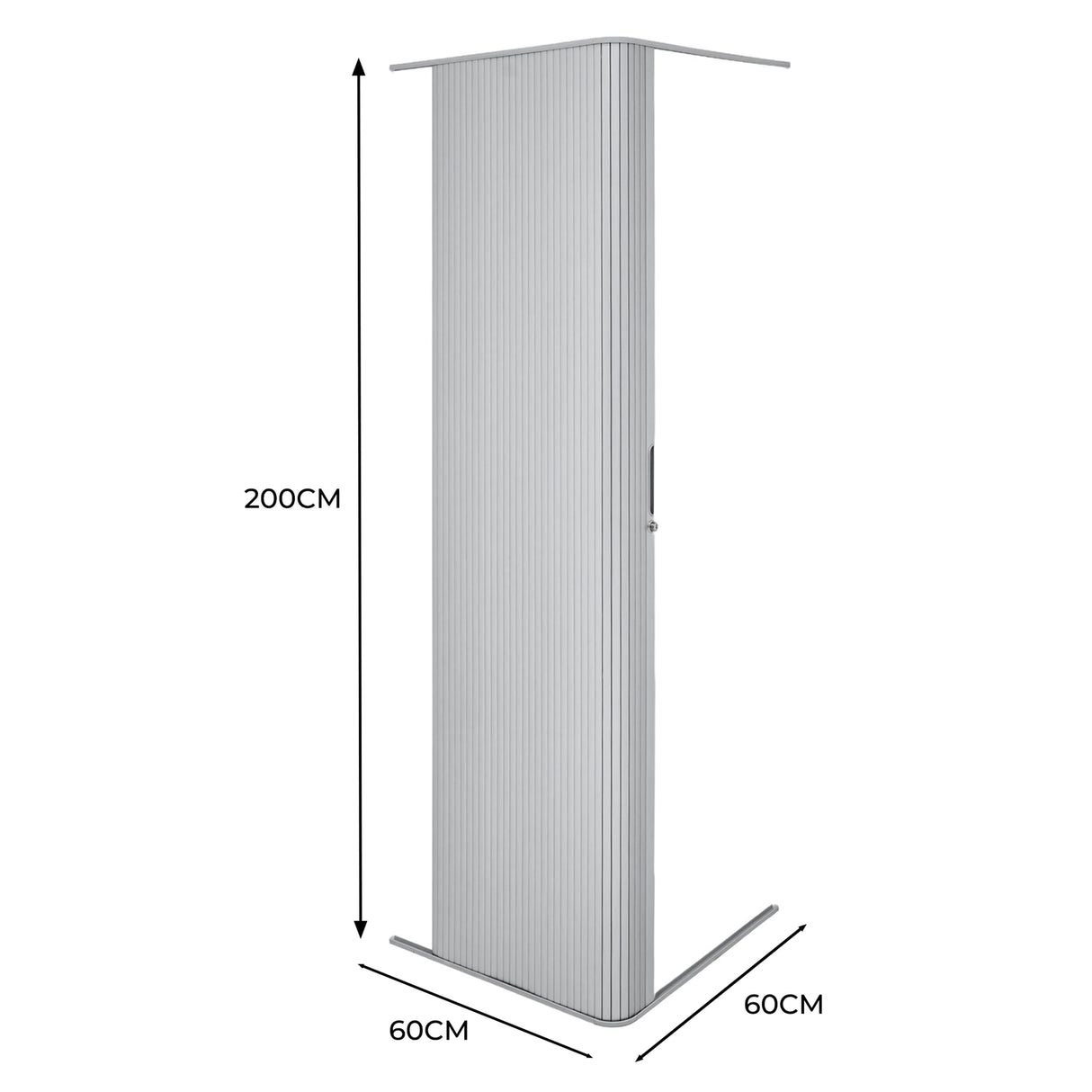 Silver Tambour shower door featuring a sleek, vertical ribbed design, measuring 200cm tall and 60cm wide, ideal for modern bathrooms