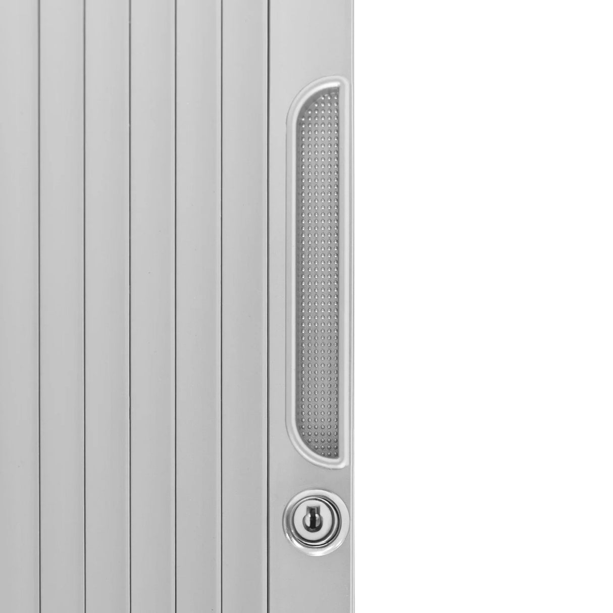 Silver Tambour shower door featuring sleek vertical slats, textured handle, and a modern design for stylish bathroom upgrades