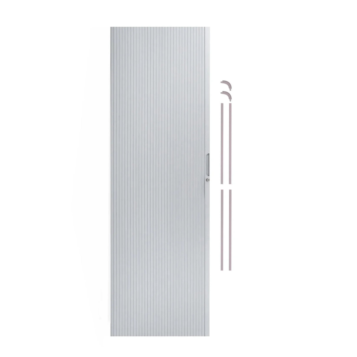 Silver Tambour shower door featuring a sleek, vertical ribbed design and a minimalist handle, perfect for modern bathrooms