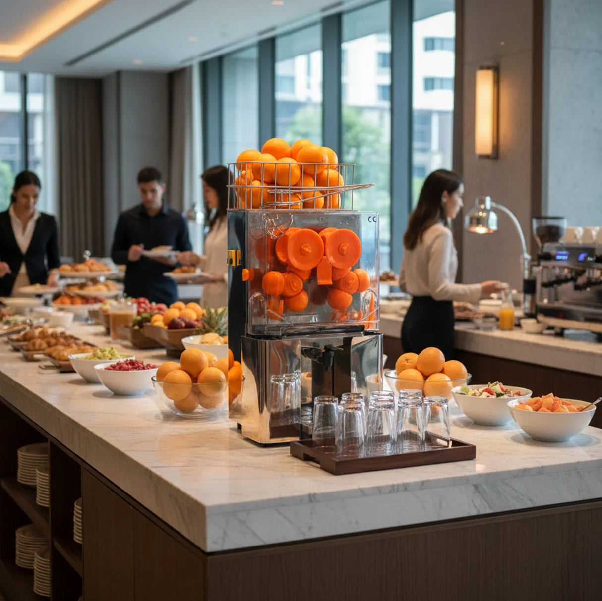 Commercial fruit juicer with bright orange halves, sleek design, and glass containers, set in a modern buffet with fresh fruits and pastries