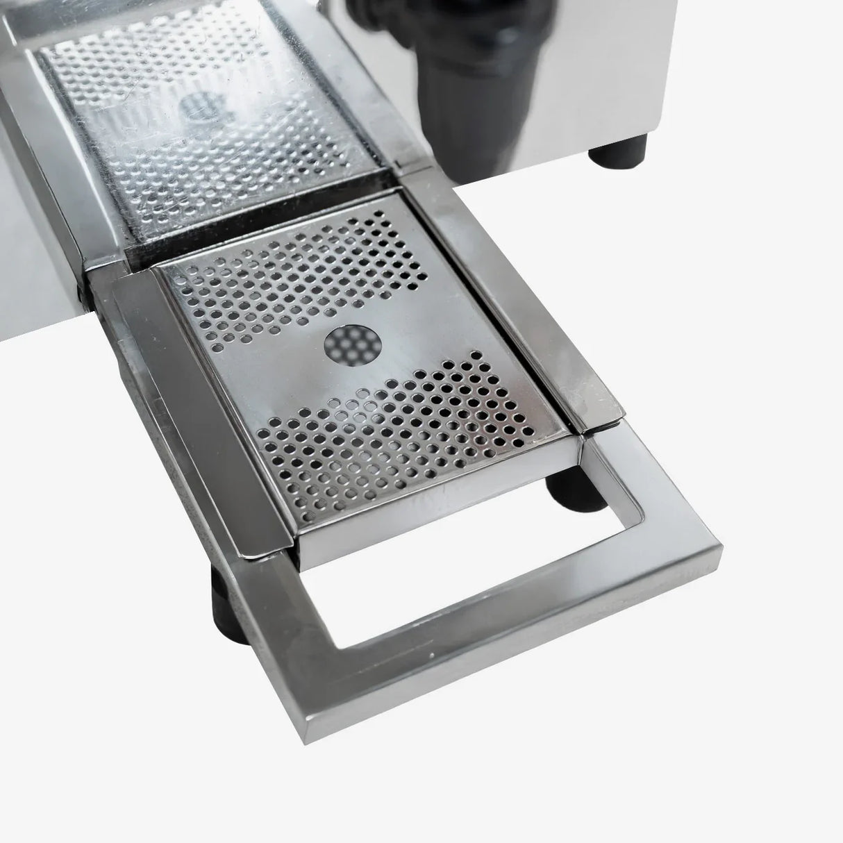 Stainless steel commercial fruit juicer with a perforated drip tray and sleek, modern design for efficient juice extraction