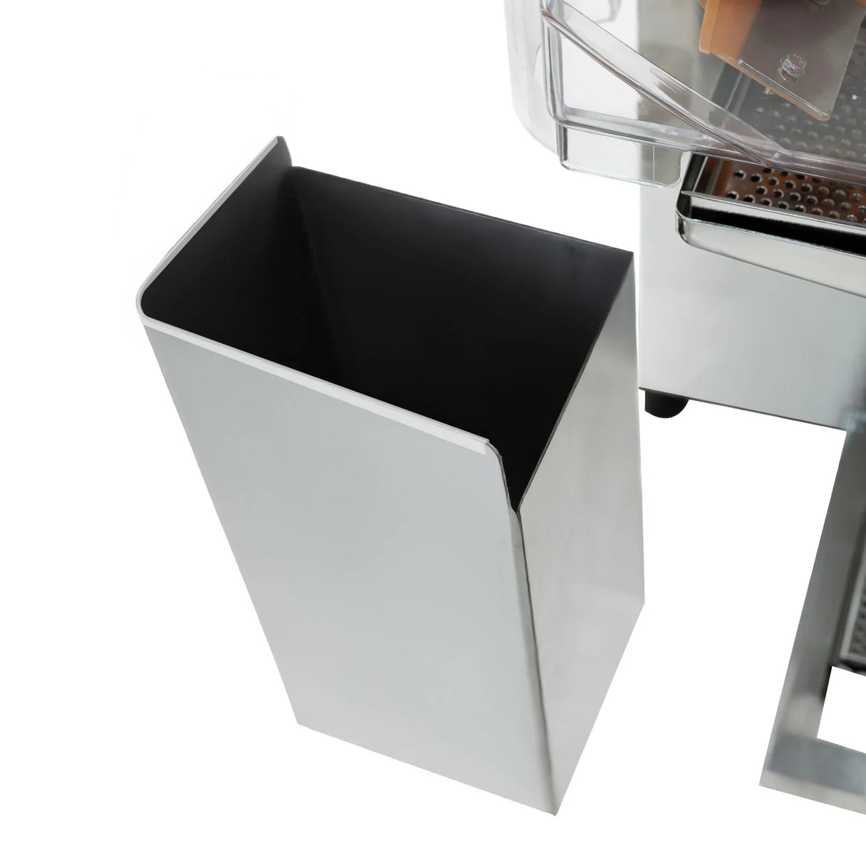 Stainless steel waste container for a commercial fruit juicer, featuring a sleek design and smooth, polished surface