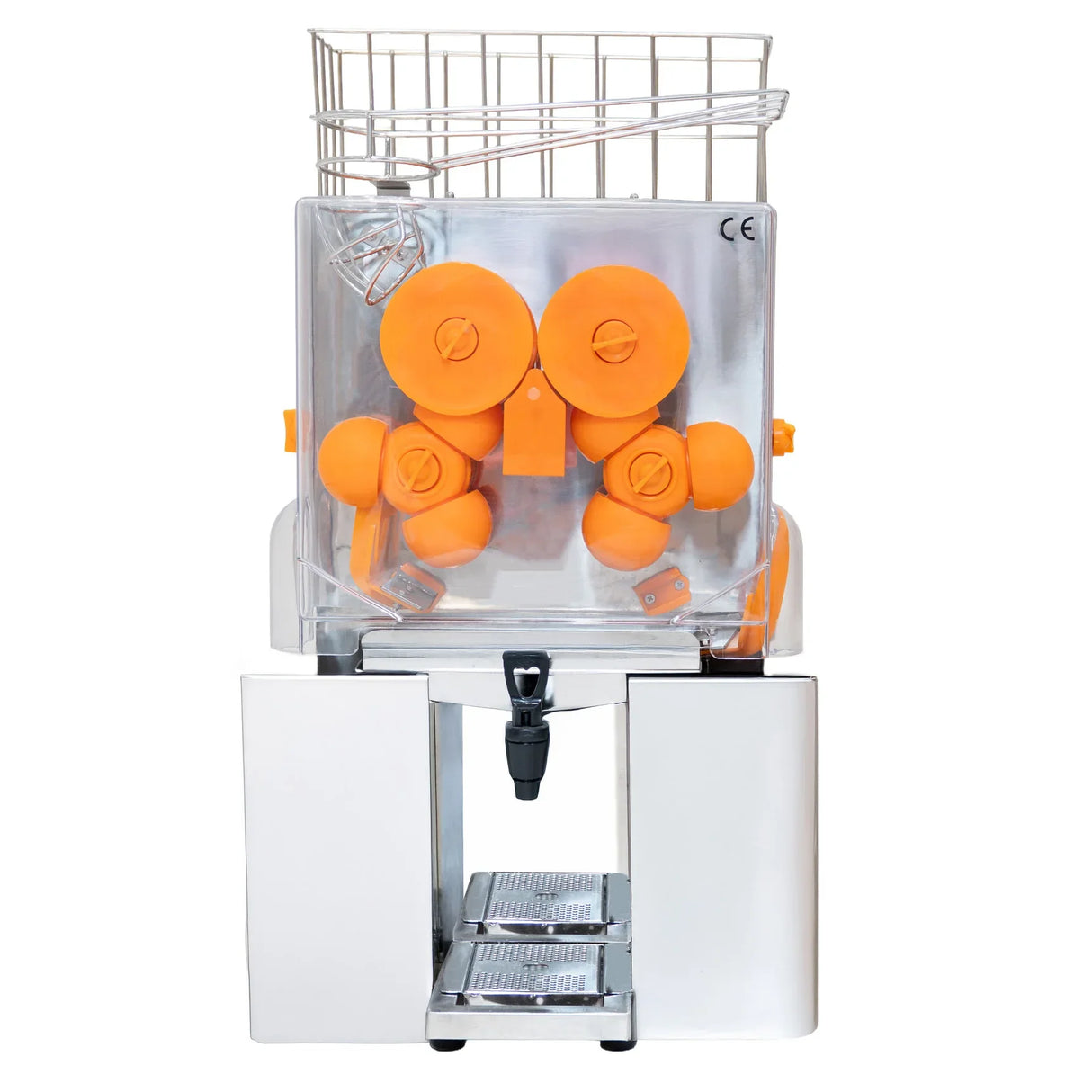 Commercial fruit juicer with a stainless steel base, transparent container, and bright orange juicing components for easy operation