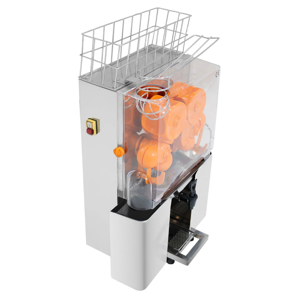 Commercial fruit juicer with a sleek white body, transparent orange fruit holder, and a convenient drip tray for easy serving