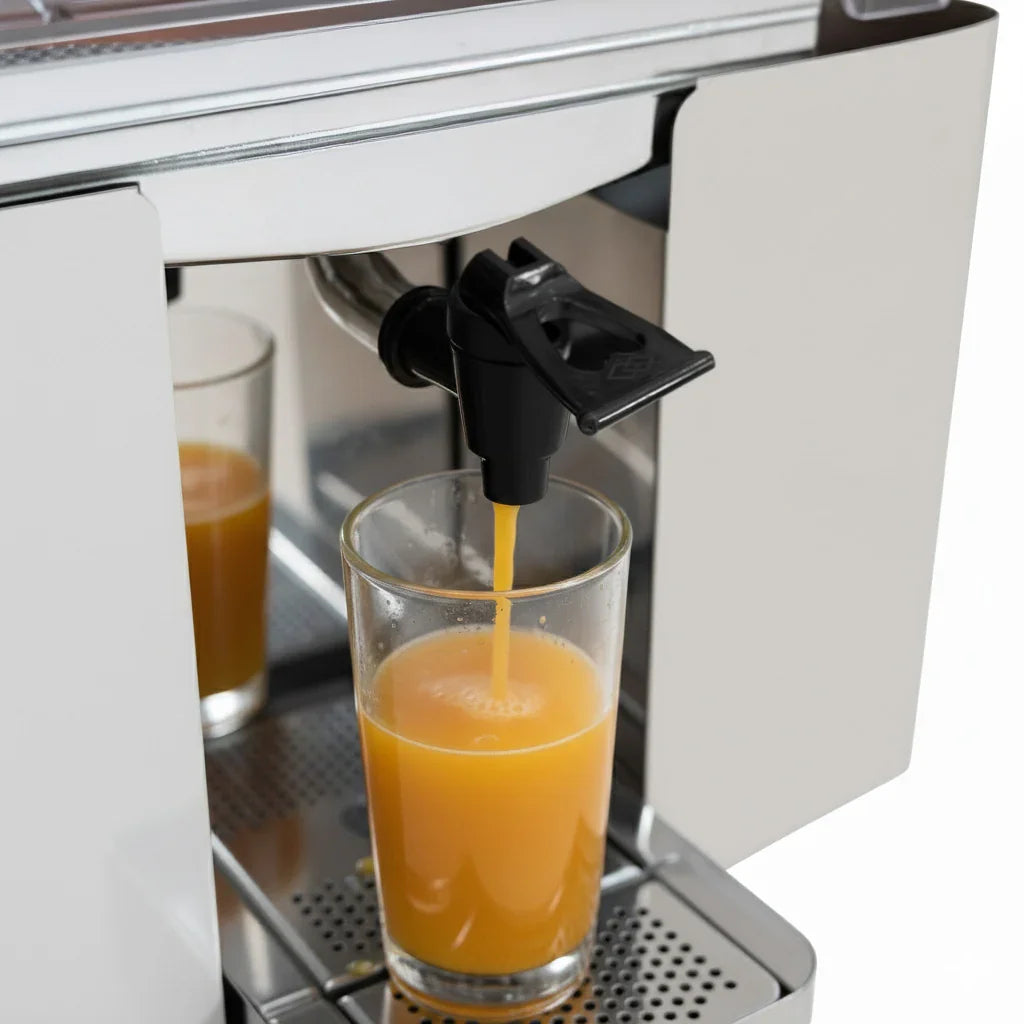 Commercial fruit juicer dispensing fresh orange juice into a clear glass, showcasing sleek stainless steel design and smooth operation