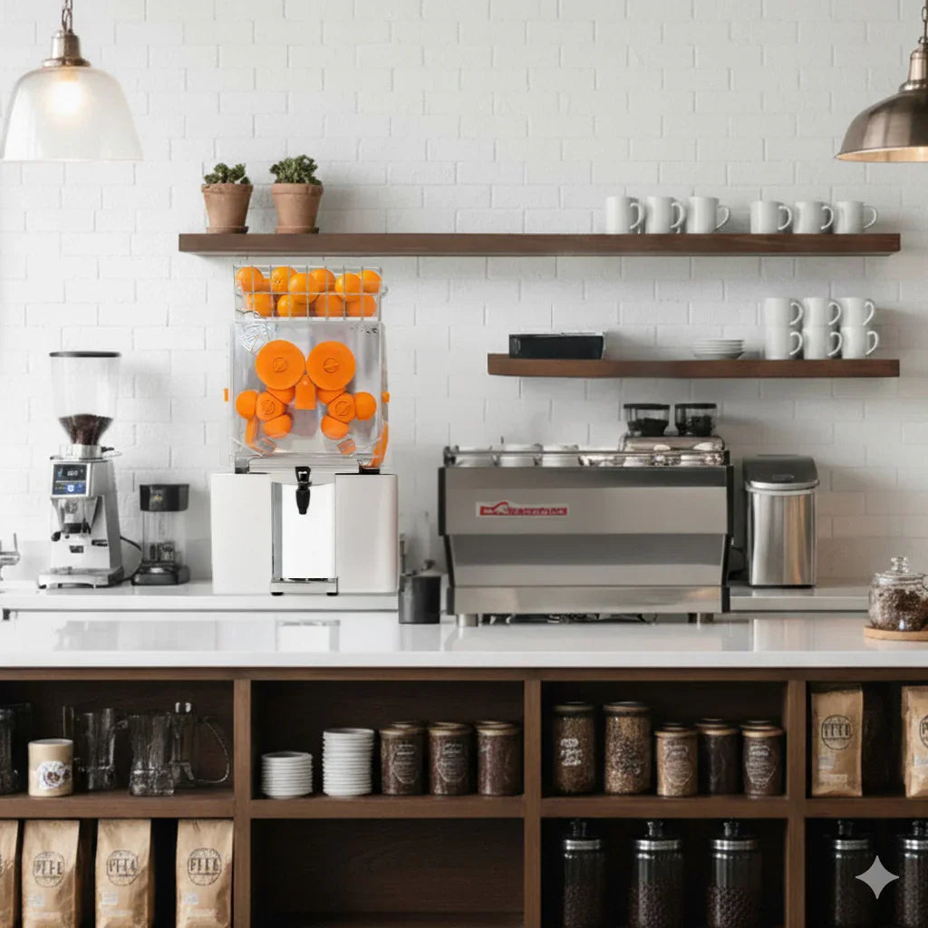 Commercial fruit juicer with a clear container filled with bright orange fruit slices, set on a sleek countertop in a modern café