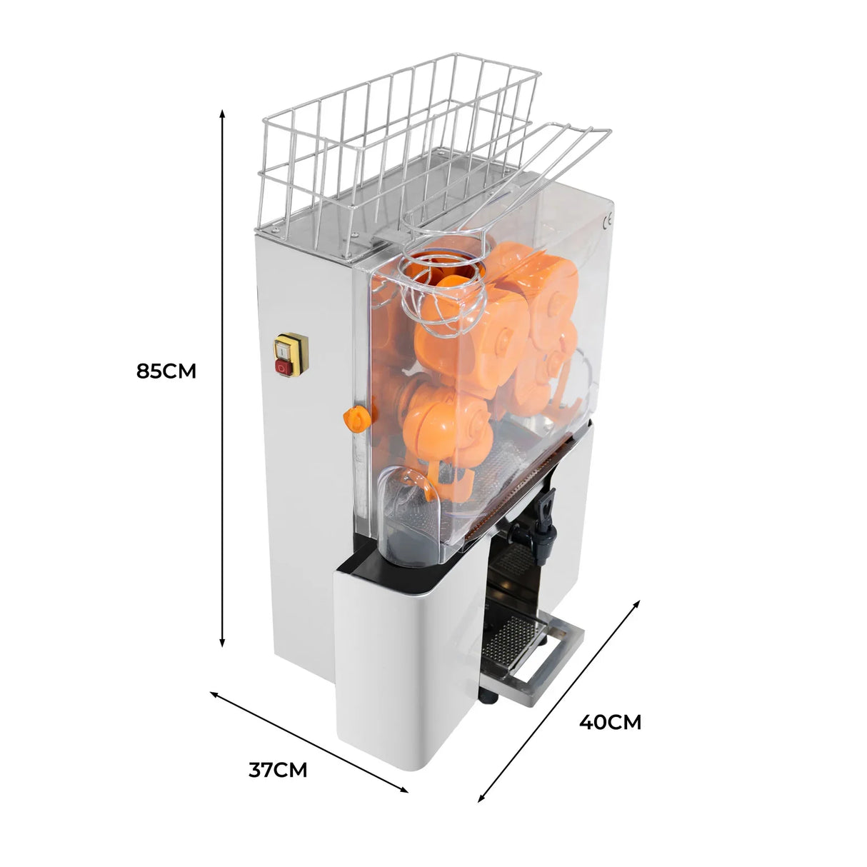 Commercial fruit juicer with transparent housing, orange juicing components, and a sturdy white base, measuring 85cm tall and 40cm wide